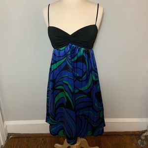 Black, blue, green strappy cocktail dress